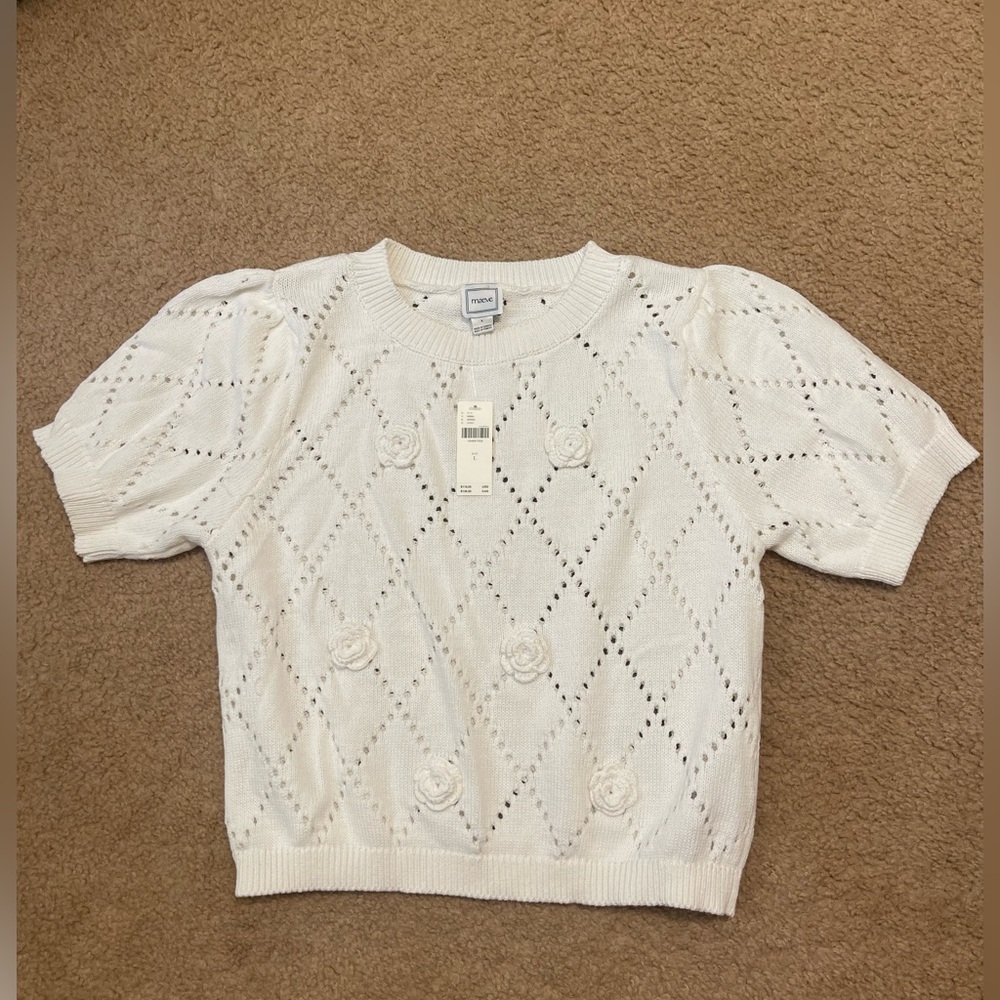 NWT Anthropologie Maeve Short-Sleeve 3D Floral Embellished Sweater, L